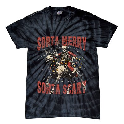 Funny Christmas Sorta Merry Sorta Scary Skeleton Xmas Tree Tie-Dye T-Shirt