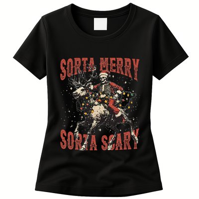 Funny Christmas Sorta Merry Sorta Scary Skeleton Xmas Tree Womens T-Shirt