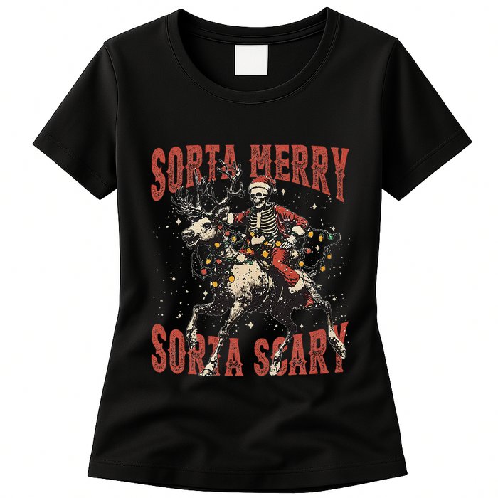 Funny Christmas Sorta Merry Sorta Scary Skeleton Xmas Tree Womens T-Shirt