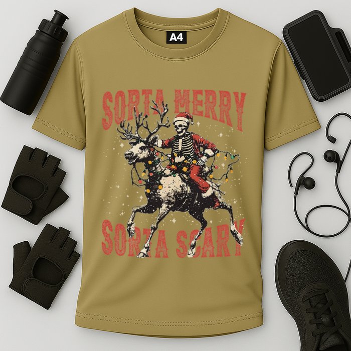 Funny Christmas Sorta Merry Sorta Scary Skeleton Xmas Tree Performance Shirt
