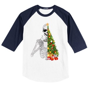 Funny Christmas Sorta Merry Sorta Scary Skeleton Xmas Tree Baseball Sleeve Shirt