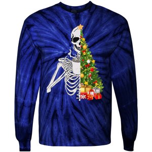 Funny Christmas Sorta Merry Sorta Scary Skeleton Xmas Tree Tie-Dye Long Sleeve Shirt