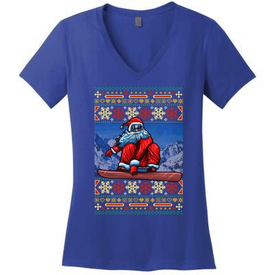 Funny Christmas Santa Claus Snowboarding Ugly Sweater Gift Funny Gift Women's V-Neck T-Shirt