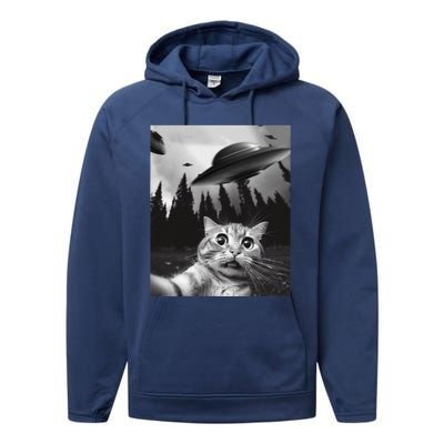 Funny Cat Selfie With Ufos Performance Fleece Hoodie