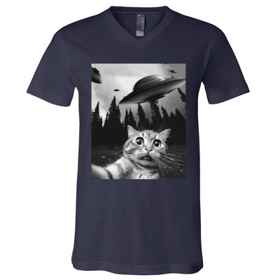 Funny Cat Selfie With Ufos V-Neck T-Shirt