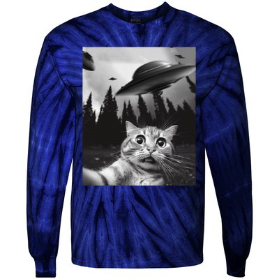 Funny Cat Selfie With Ufos Tie-Dye Long Sleeve Shirt