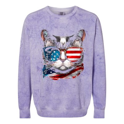 Funny Cat Sunglasses American Flag Patriotic 4th Of July Colorblast Crewneck Sweatshirt