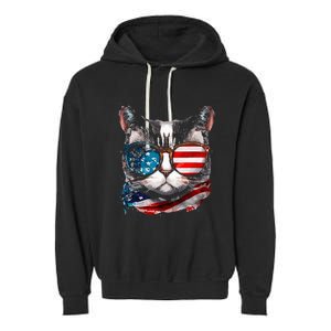 Funny Cat Sunglasses American Flag Patriotic 4th Of July Garment-Dyed Fleece Hoodie