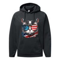 Funny Cat Sunglasses American Flag Patriotic 4th Of July Performance Fleece Hoodie