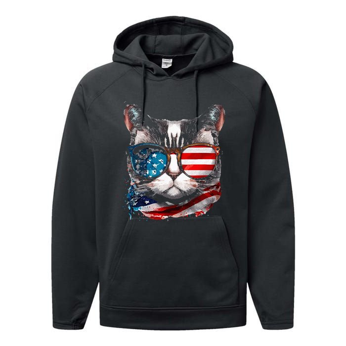 Funny Cat Sunglasses American Flag Patriotic 4th Of July Performance Fleece Hoodie