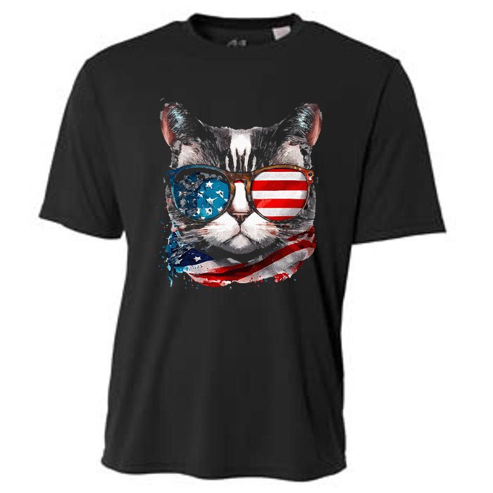 Funny Cat Sunglasses American Flag Patriotic 4th Of July Cooling Performance Crew T-Shirt