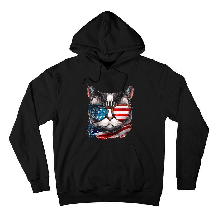 Funny Cat Sunglasses American Flag Patriotic 4th Of July Hoodie