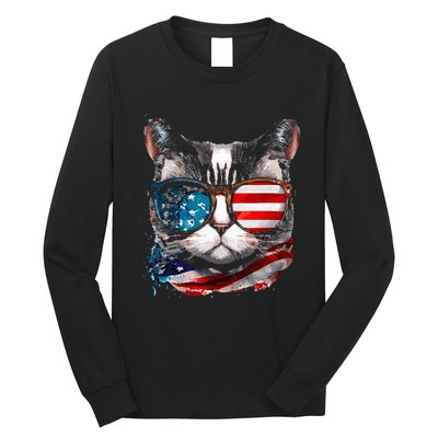 Funny Cat Sunglasses American Flag Patriotic 4th Of July Long Sleeve Shirt