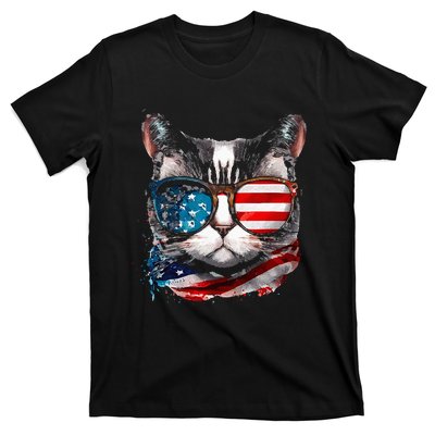 Funny Cat Sunglasses American Flag Patriotic 4th Of July T-Shirt