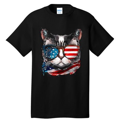 Funny Cat Sunglasses American Flag Patriotic 4th Of July Tall T-Shirt