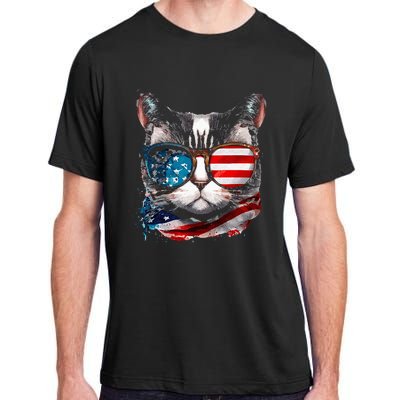 Funny Cat Sunglasses American Flag Patriotic 4th Of July Adult ChromaSoft Performance T-Shirt