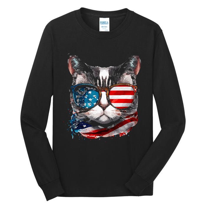 Funny Cat Sunglasses American Flag Patriotic 4th Of July Tall Long Sleeve T-Shirt