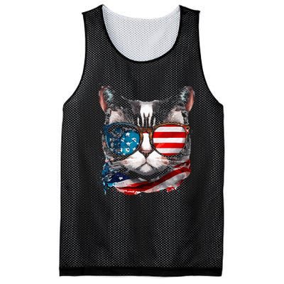 Funny Cat Sunglasses American Flag Patriotic 4th Of July Mesh Reversible Basketball Jersey Tank