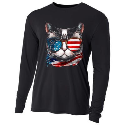 Funny Cat Sunglasses American Flag Patriotic 4th Of July Cooling Performance Long Sleeve Crew