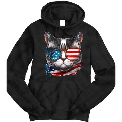 Funny Cat Sunglasses American Flag Patriotic 4th Of July Tie Dye Hoodie