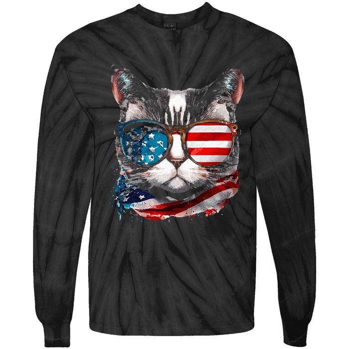 Funny Cat Sunglasses American Flag Patriotic 4th Of July Tie-Dye Long Sleeve Shirt