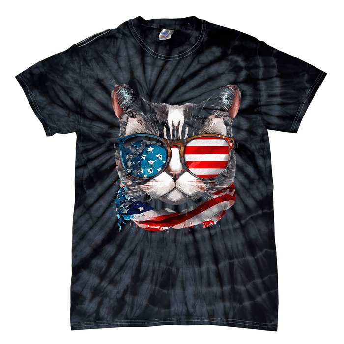 Funny Cat Sunglasses American Flag Patriotic 4th Of July Tie-Dye T-Shirt