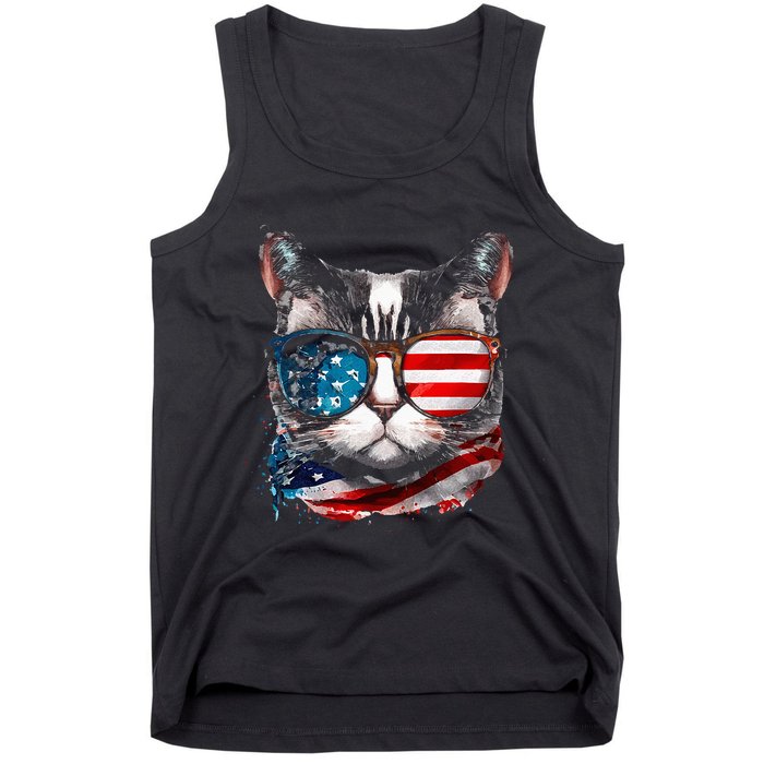 Funny Cat Sunglasses American Flag Patriotic 4th Of July Tank Top