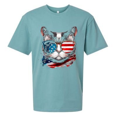 Funny Cat Sunglasses American Flag Patriotic 4th Of July Sueded Cloud Jersey T-Shirt