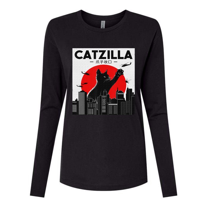 Funny Cat Shirt Catzilla Cat Gift Womens Cotton Relaxed Long Sleeve T-Shirt