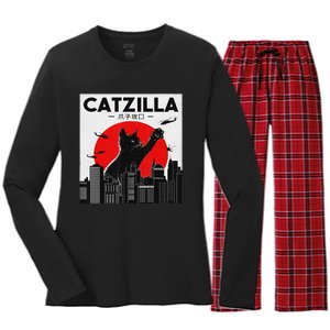 Funny Cat Shirt Catzilla Cat Gift Women's Long Sleeve Flannel Pajama Set 