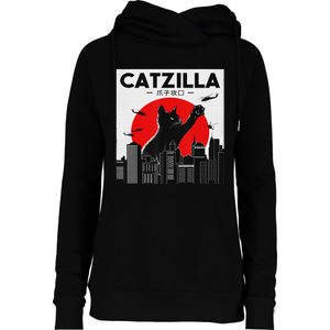 Funny Cat Shirt Catzilla Cat Gift Womens Funnel Neck Pullover Hood