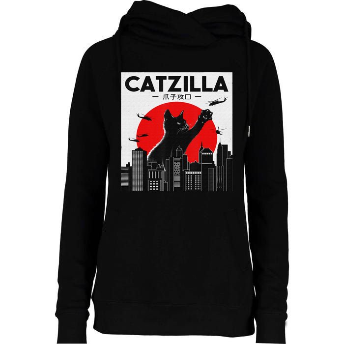 Funny Cat Shirt Catzilla Cat Gift Womens Funnel Neck Pullover Hood