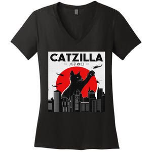 Funny Cat Shirt Catzilla Cat Gift Women's V-Neck T-Shirt