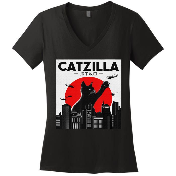 Funny Cat Shirt Catzilla Cat Gift Women's V-Neck T-Shirt