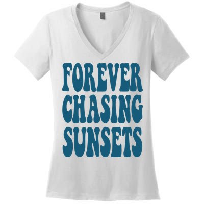 Forever Chasing Sunsets Retro Summer Women's V-Neck T-Shirt