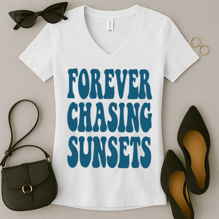 Forever Chasing Sunsets Retro Summer Women's V-Neck T-Shirt