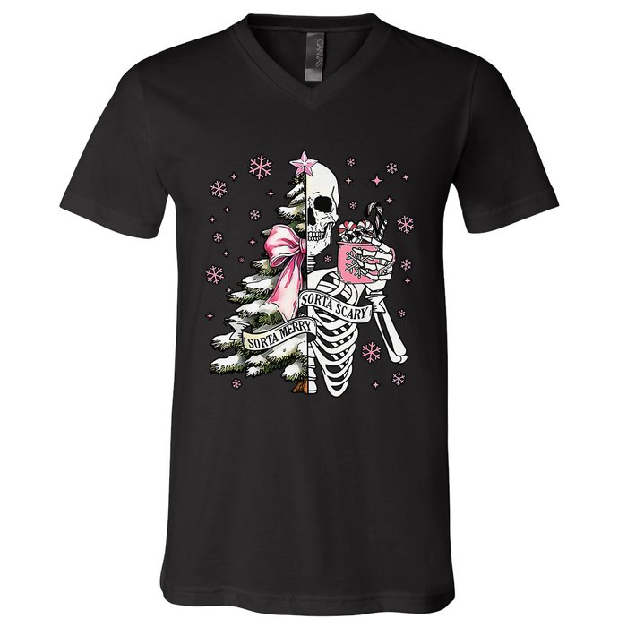 Funny Christmas Sorta Merry Sorta Scary Skeleton Xmas Tree V-Neck T-Shirt