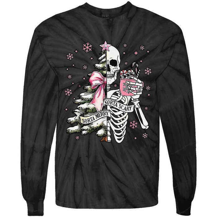 Funny Christmas Sorta Merry Sorta Scary Skeleton Xmas Tree Tie-Dye Long Sleeve Shirt