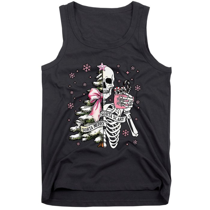 Funny Christmas Sorta Merry Sorta Scary Skeleton Xmas Tree Tank Top