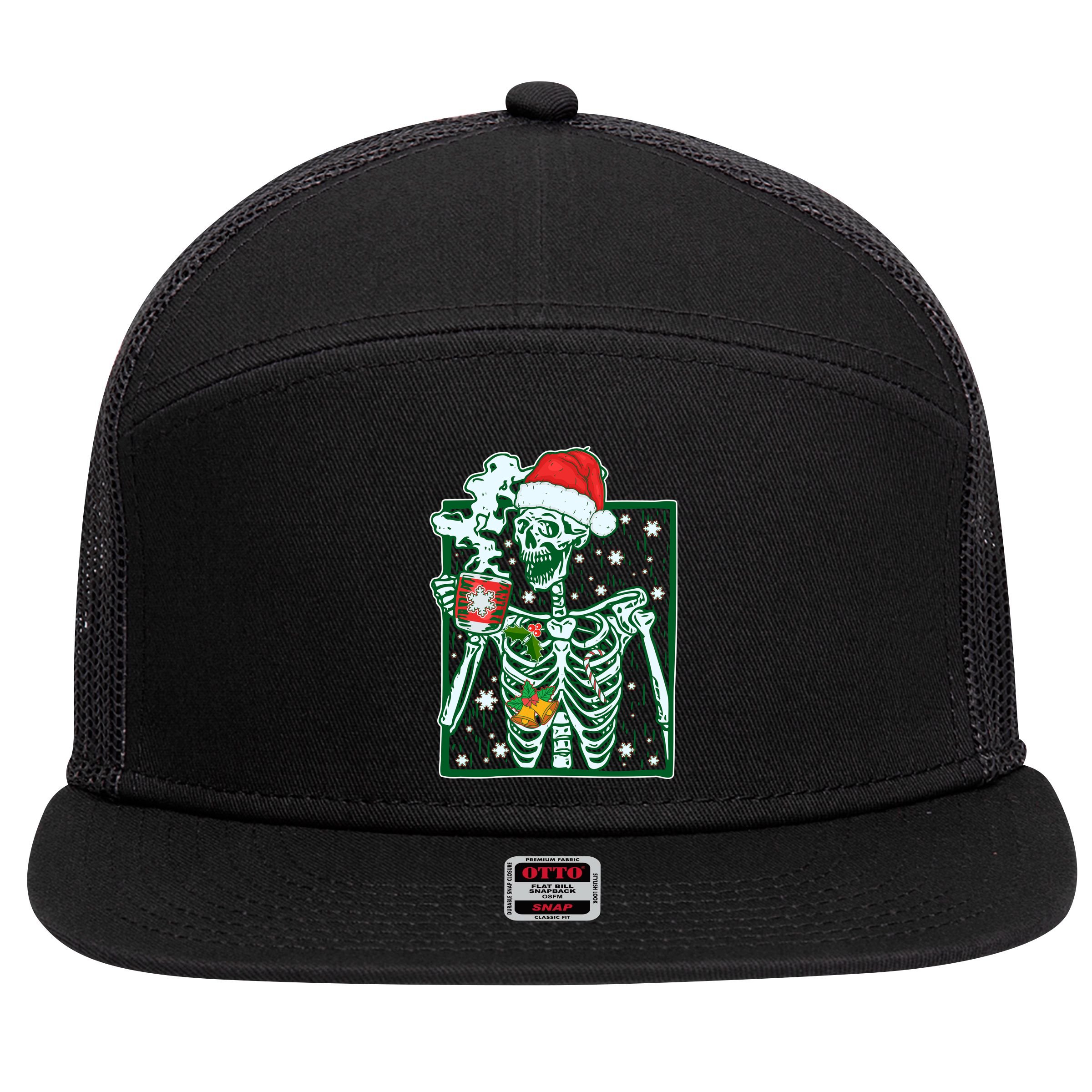 Funny Christmas Skeleton Enjoying Hot Chocolate Coffee 7 Panel Mesh Trucker Snapback Hat