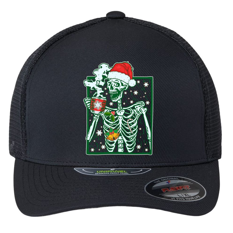 Funny Christmas Skeleton Enjoying Hot Chocolate Coffee Flexfit Unipanel Trucker Cap