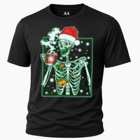 Funny Christmas Skeleton Enjoying Hot Chocolate Coffee Cooling Performance Crew T-Shirt