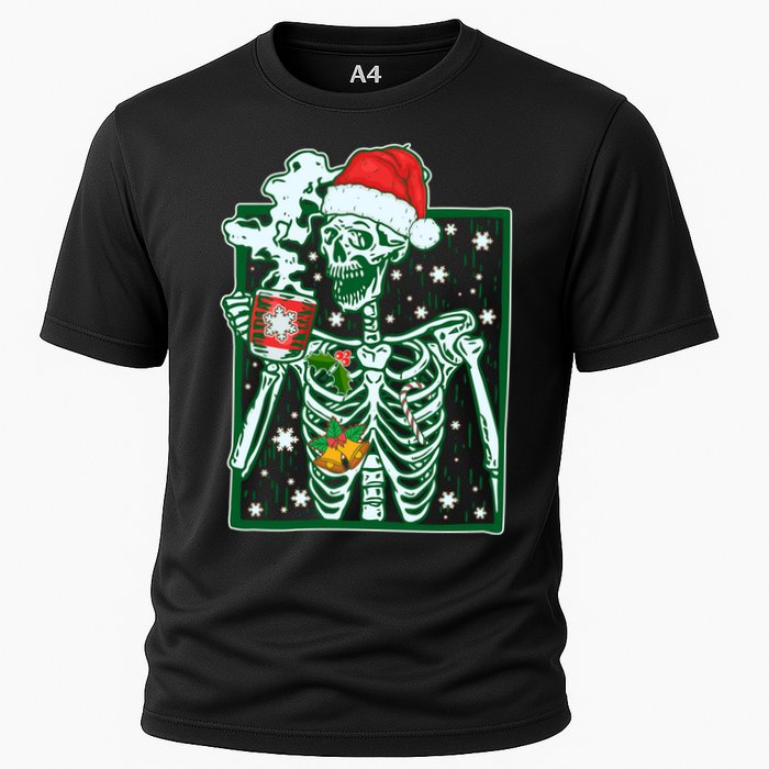 Funny Christmas Skeleton Enjoying Hot Chocolate Coffee Cooling Performance Crew T-Shirt