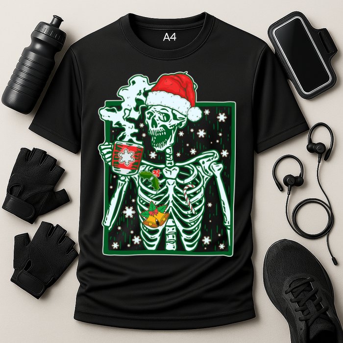 Funny Christmas Skeleton Enjoying Hot Chocolate Coffee Cooling Performance Crew T-Shirt