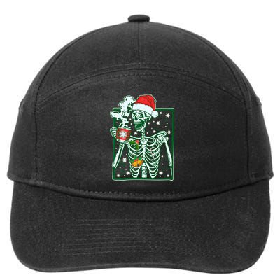 Funny Christmas Skeleton Enjoying Hot Chocolate Coffee 7-Panel Snapback Hat