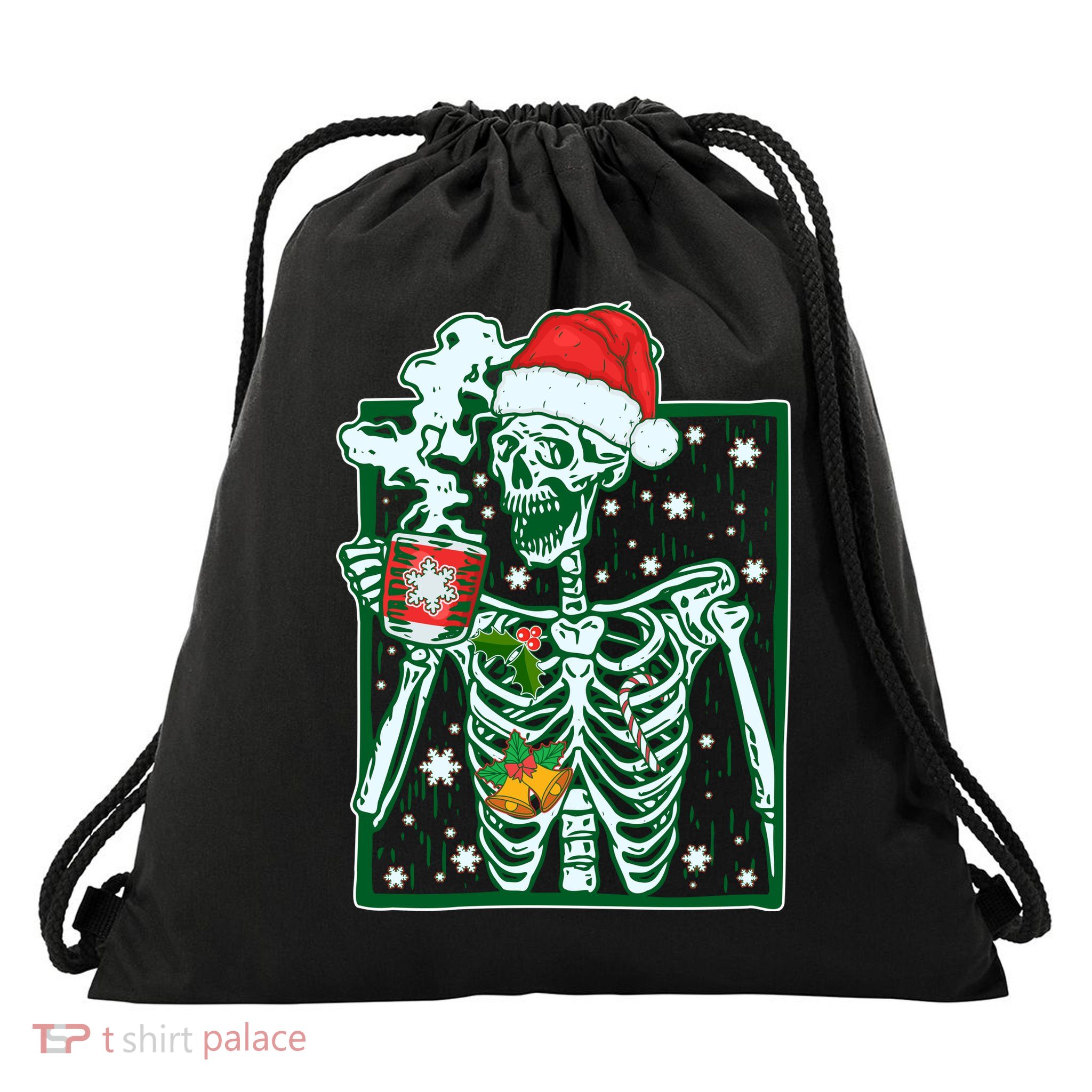 Funny Christmas Skeleton Enjoying Hot Chocolate Coffee Drawstring Bag