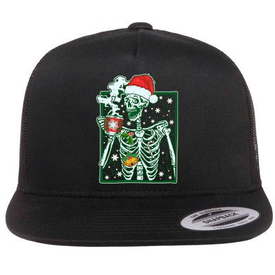 Funny Christmas Skeleton Enjoying Hot Chocolate Coffee Flatbill Hat