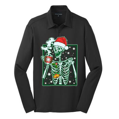 Funny Christmas Skeleton Enjoying Hot Chocolate Coffee Silk Touch Performance Long Sleeve Polo