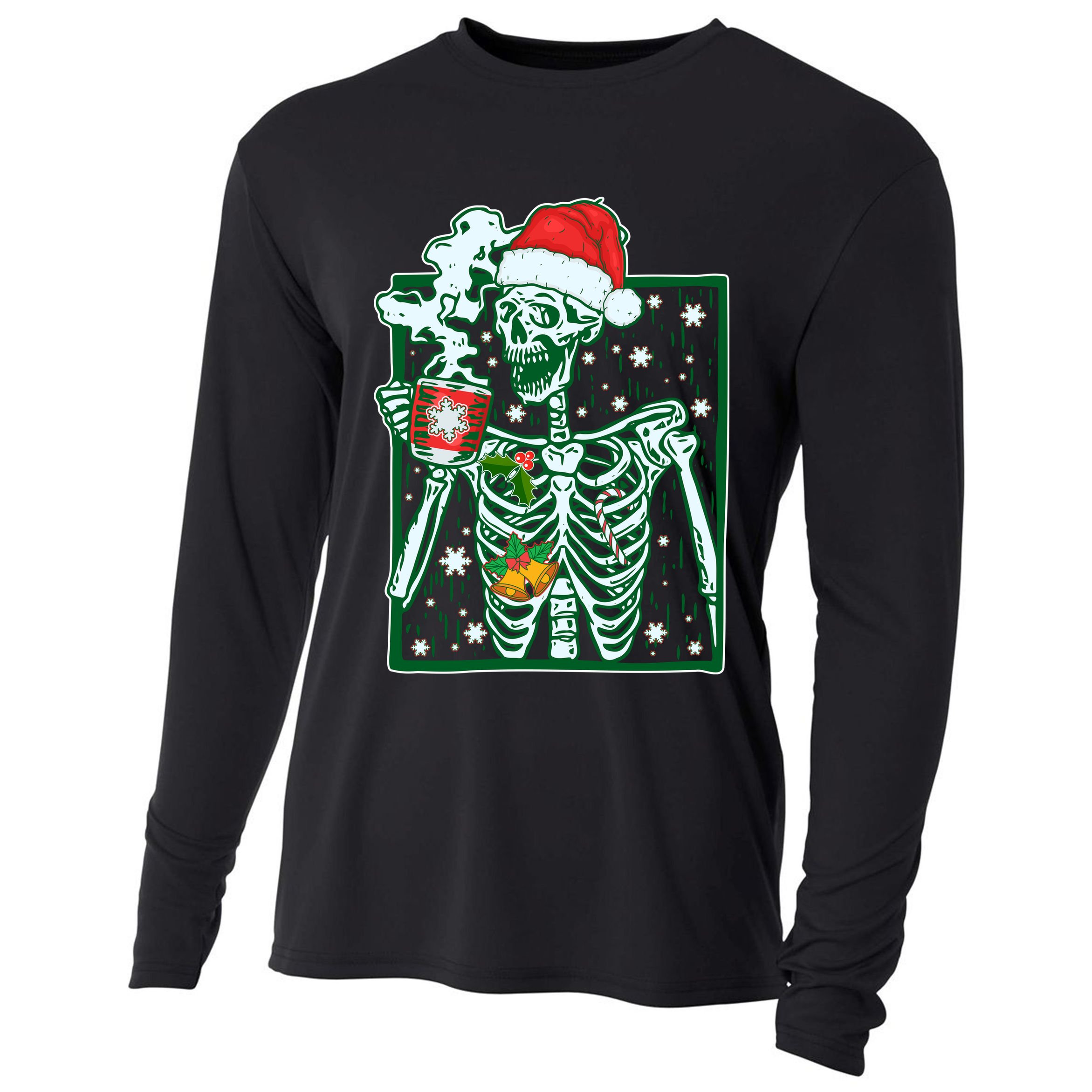 Funny Christmas Skeleton Enjoying Hot Chocolate Coffee Cooling Performance Long Sleeve Crew