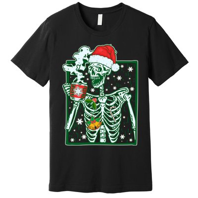 Funny Christmas Skeleton Enjoying Hot Chocolate Coffee Premium T-Shirt